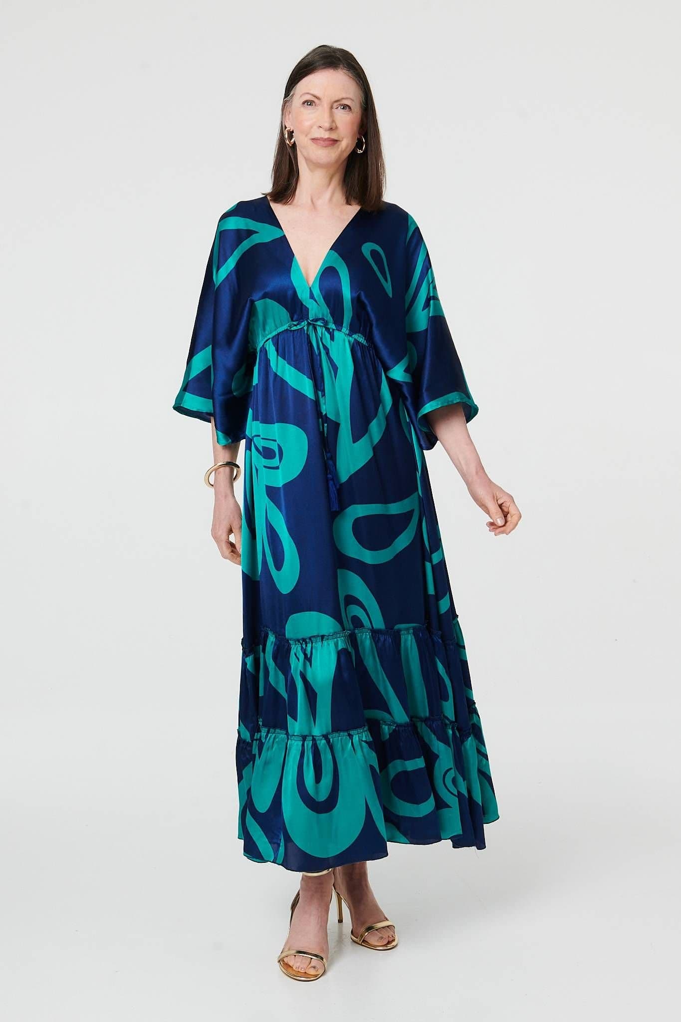 Izabel London Izabel London Women's Abstract Relaxed 3/4 Sleeve Maxi Dress in Blue