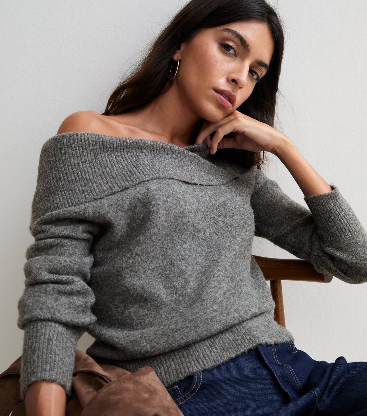 New Look Women's Grey Wrap Over Bardot Neck Jumper New Look