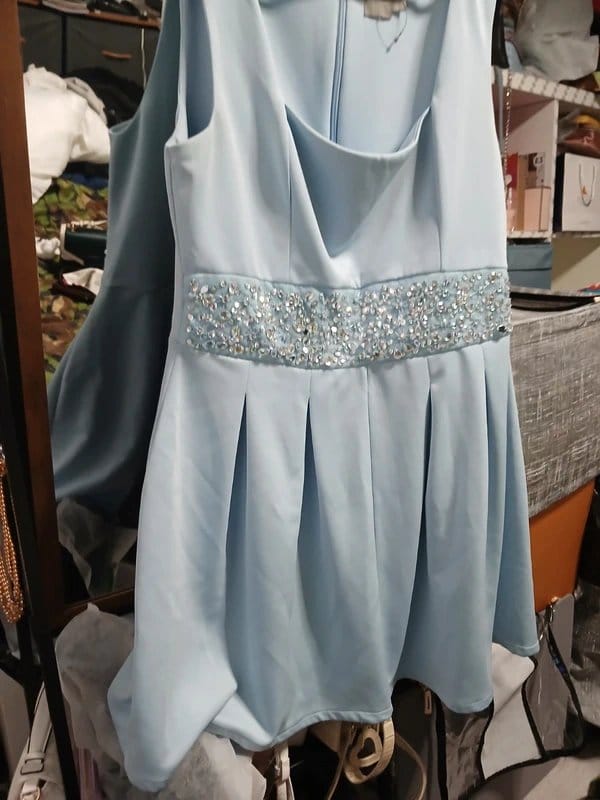 ASOS Light Blue Satin Skater Dress with Embellished Belt