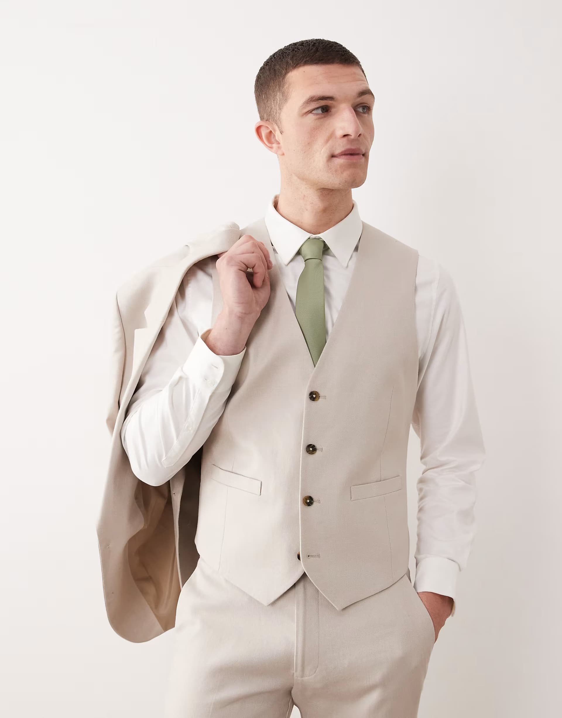 ASOS ASOS DESIGN suit waistcoat in stone linen rich