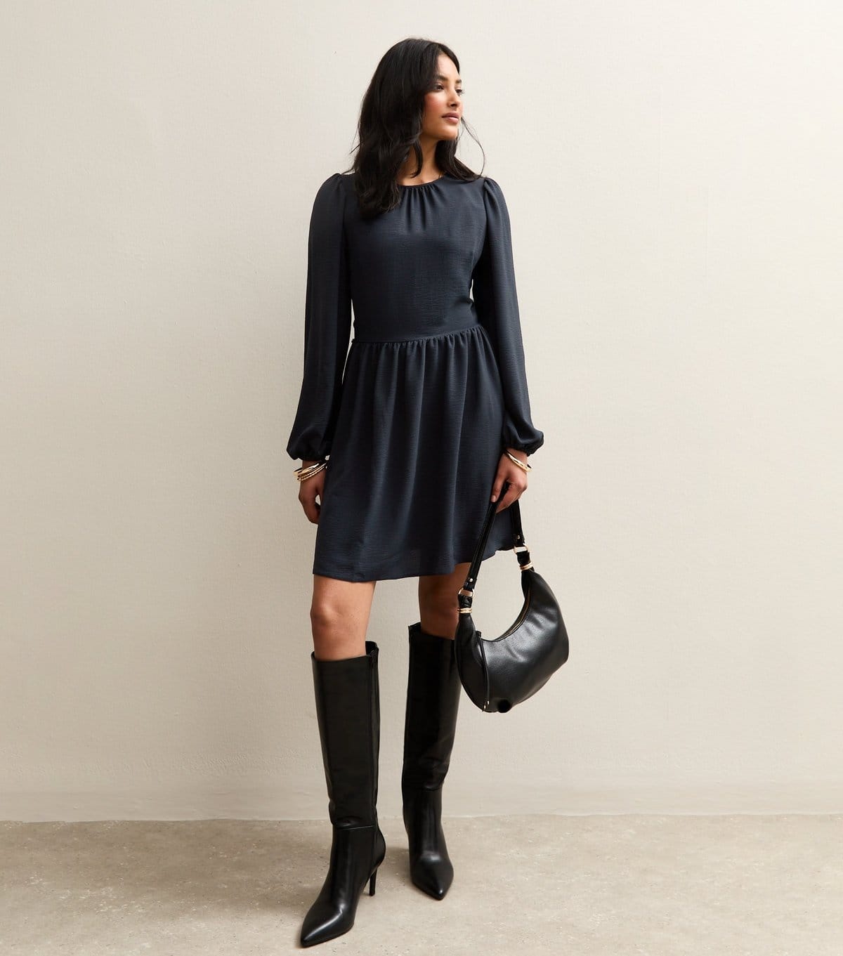 New Look Black Long Sleeve Skater Skirt Mini Dress