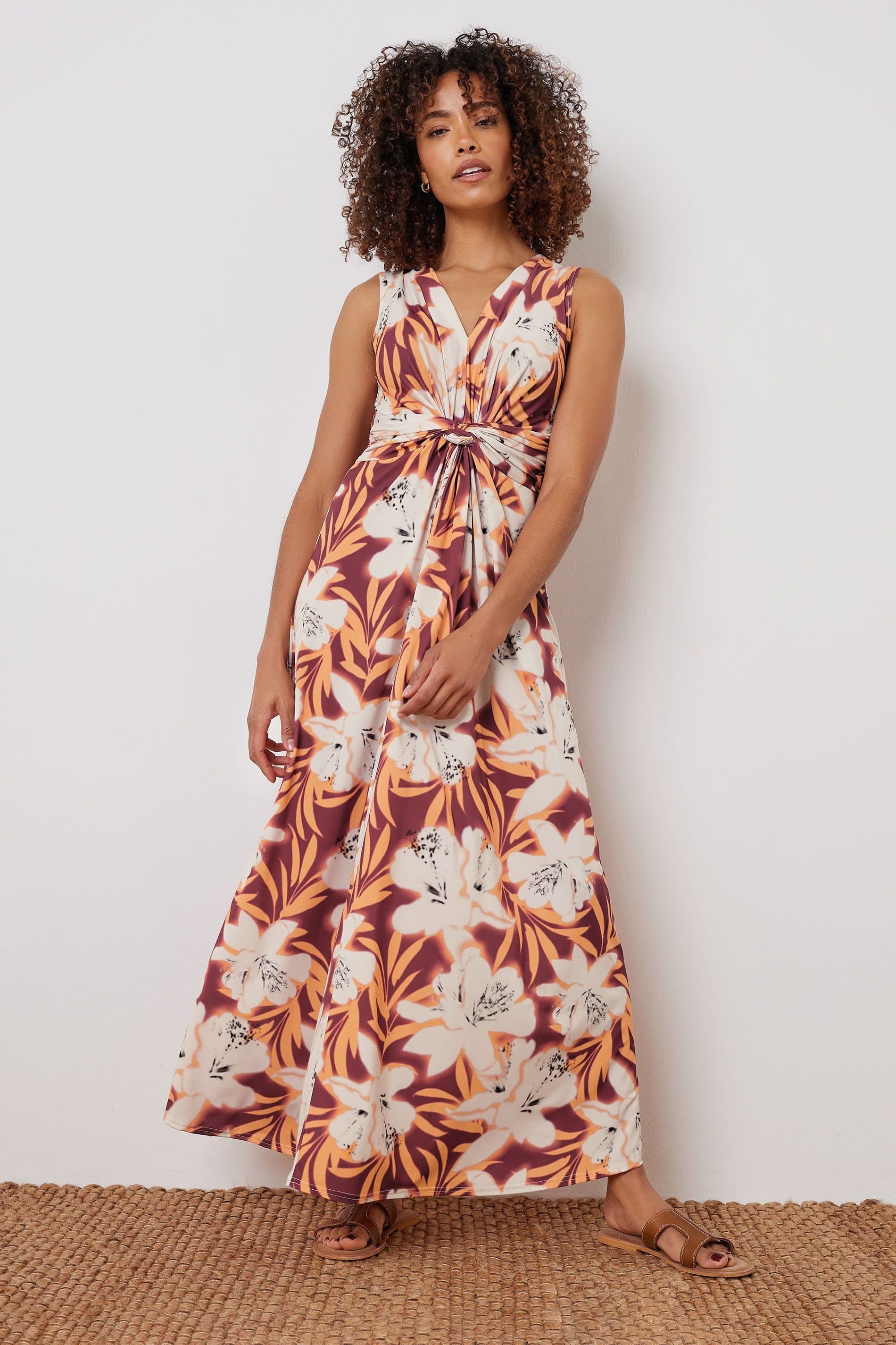 M&Co M&Co Women's Tropical Print Knot Front Maxi Dress in Orange