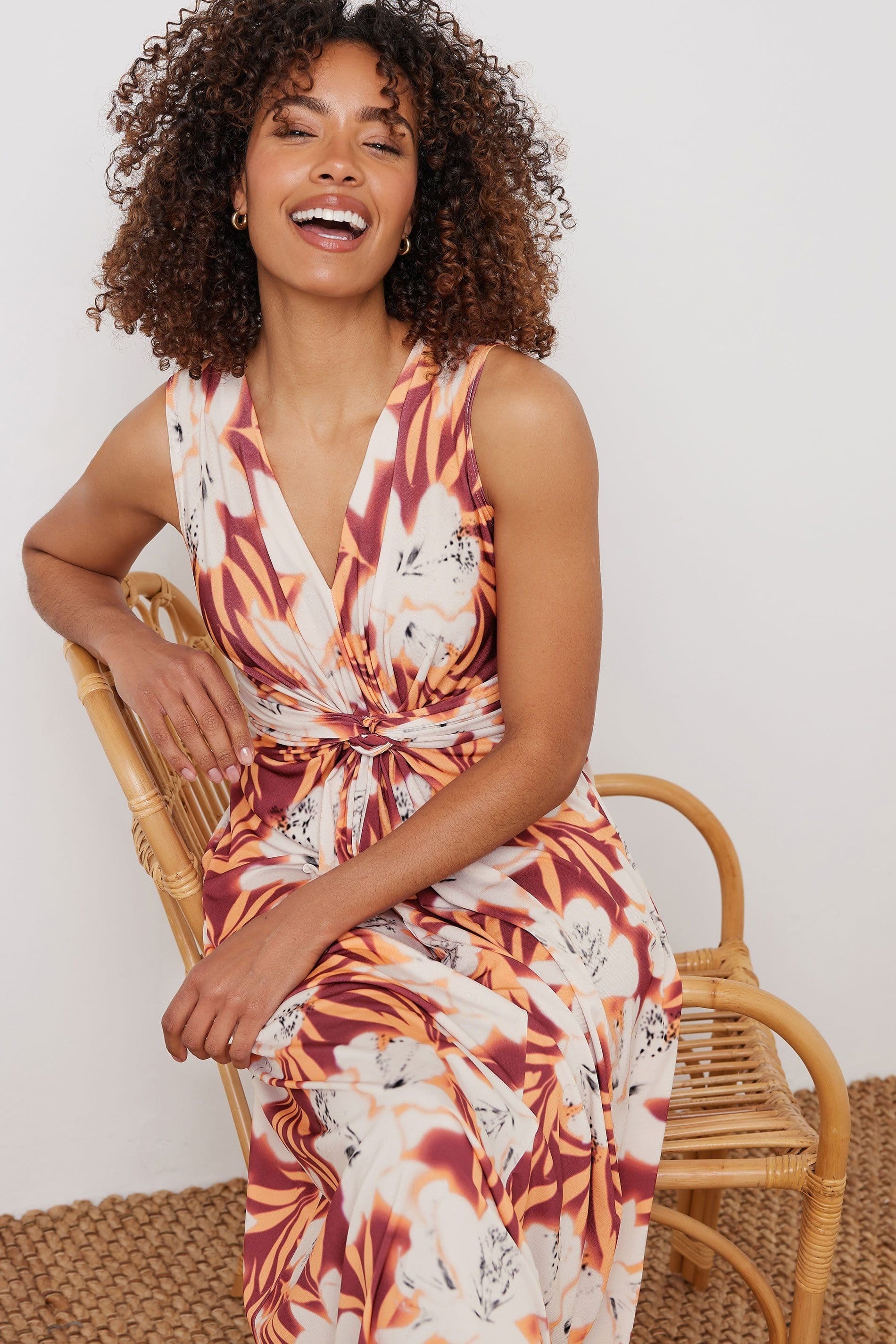 M&Co M&Co Women's Tropical Print Knot Front Maxi Dress in Orange - 4