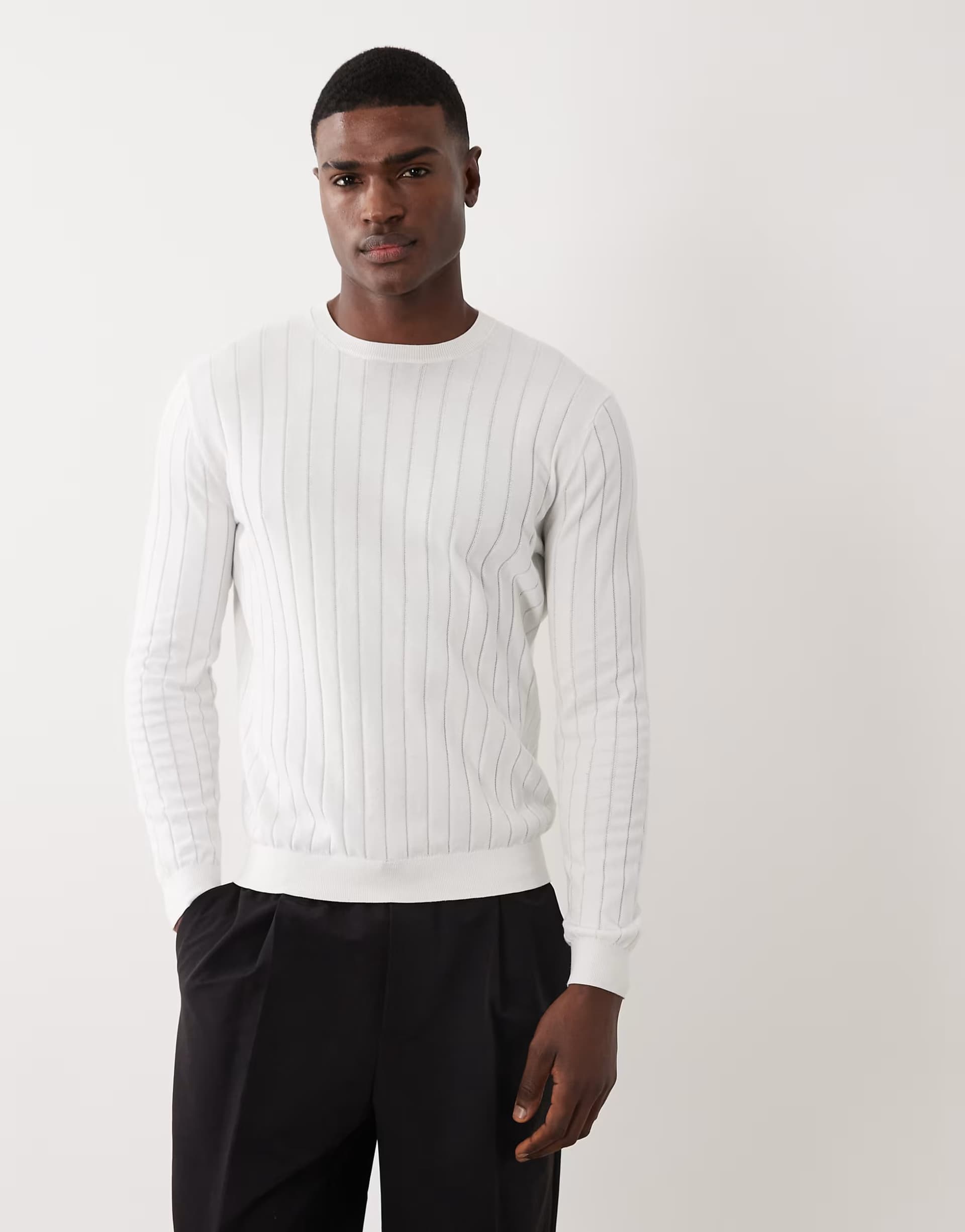 ASOS Mnango long sleeve fine knit ribbed sweater in white