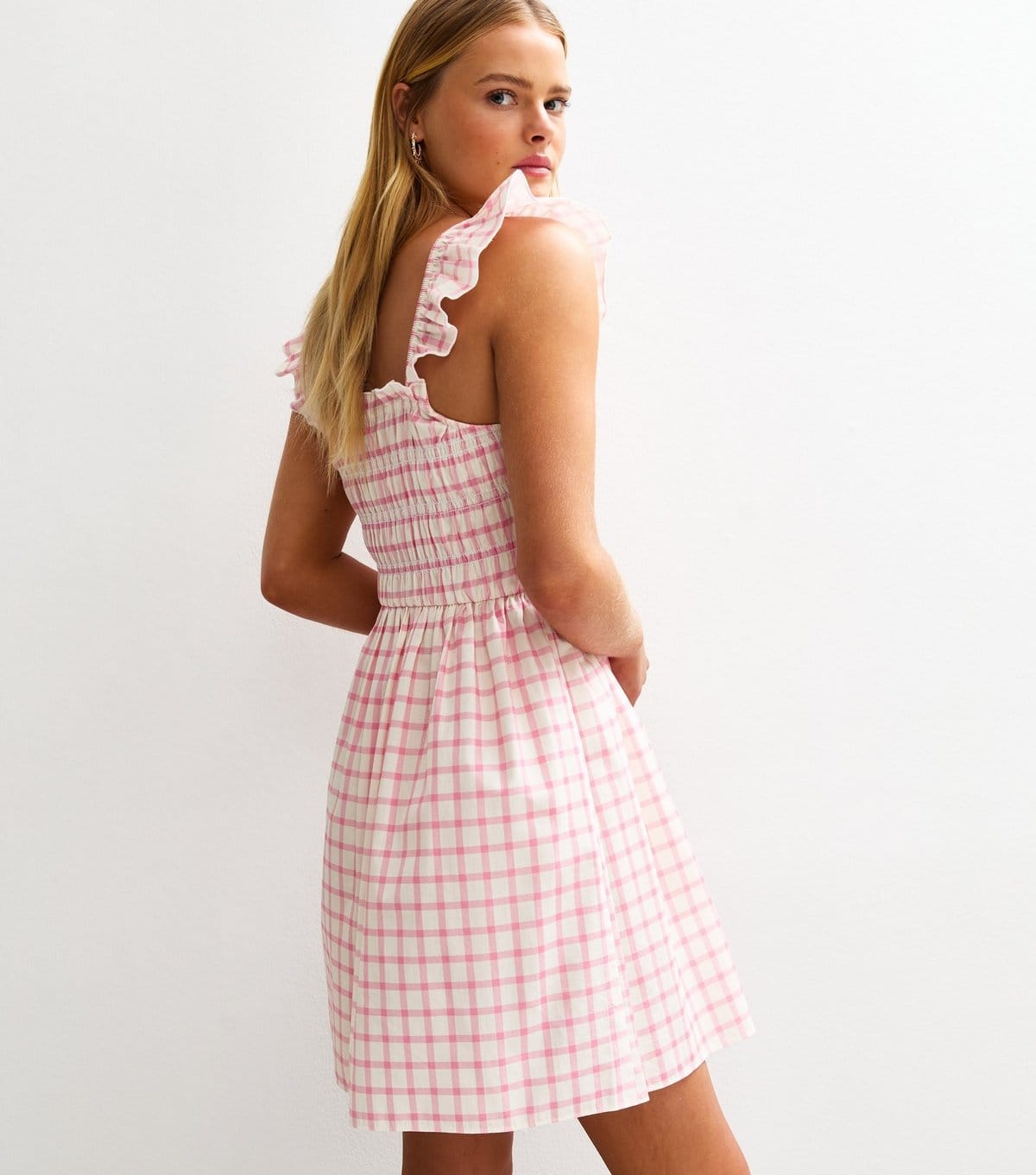New Look Women's Pink Gingham Print Shirred Frill Strap Mini Dress New Look - 4
