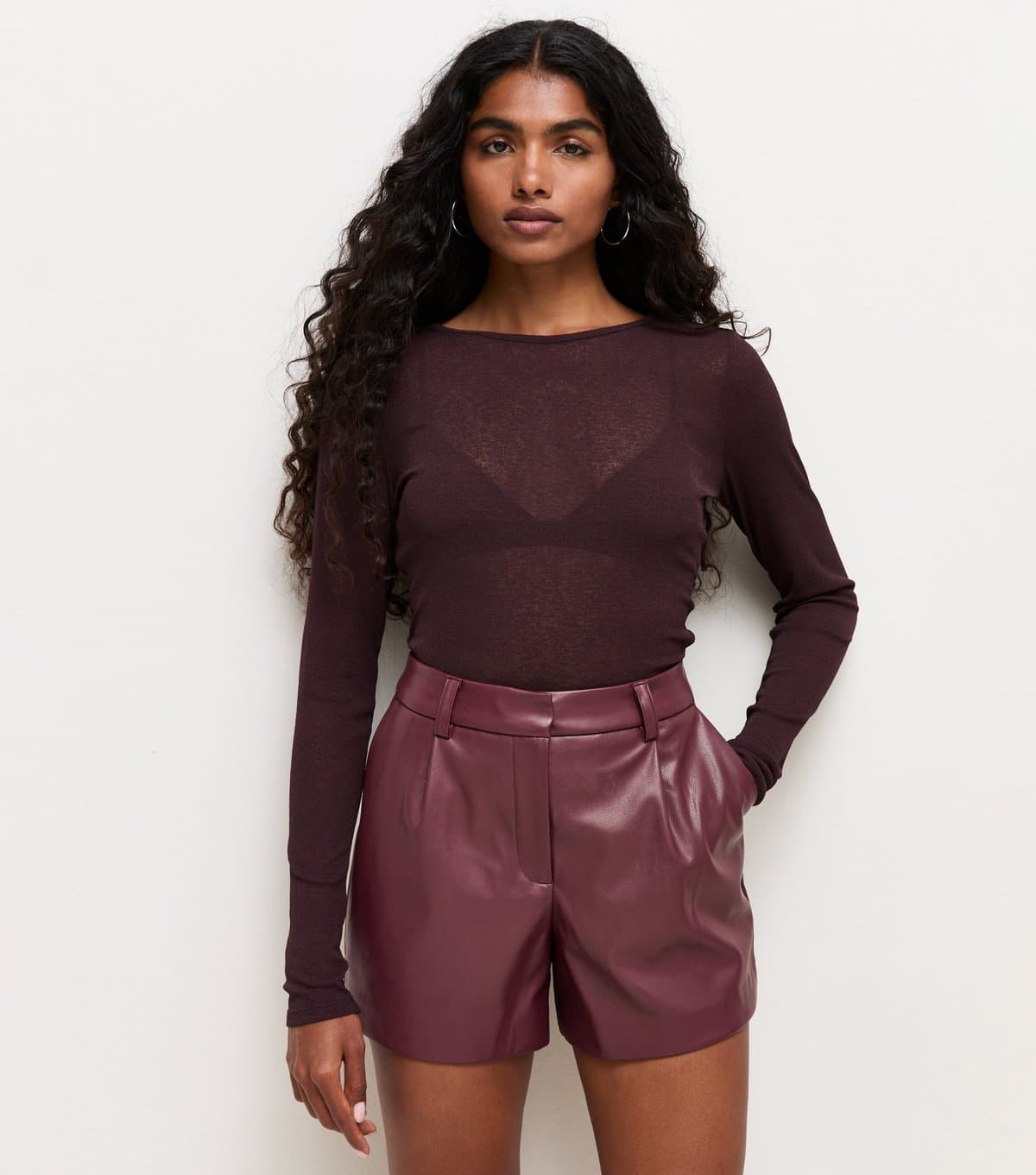 New Look Women's Petite Dark Burgundy Faux Leather Shorts New Look