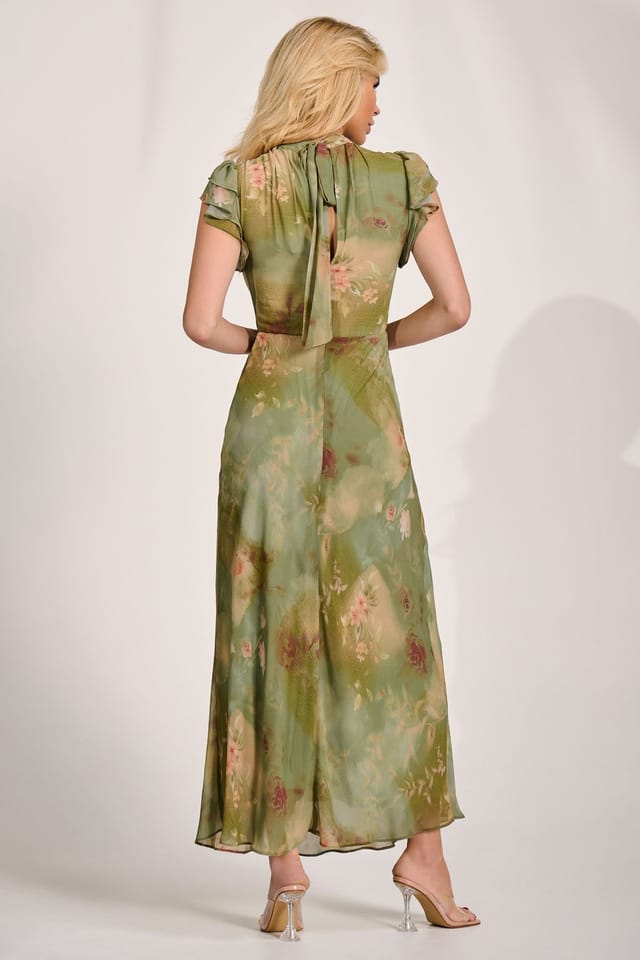 Jolie Moi Jolie Moi Women's High Neck Ruffle Sleeve Chiffon Maxi Dress in Green - 2