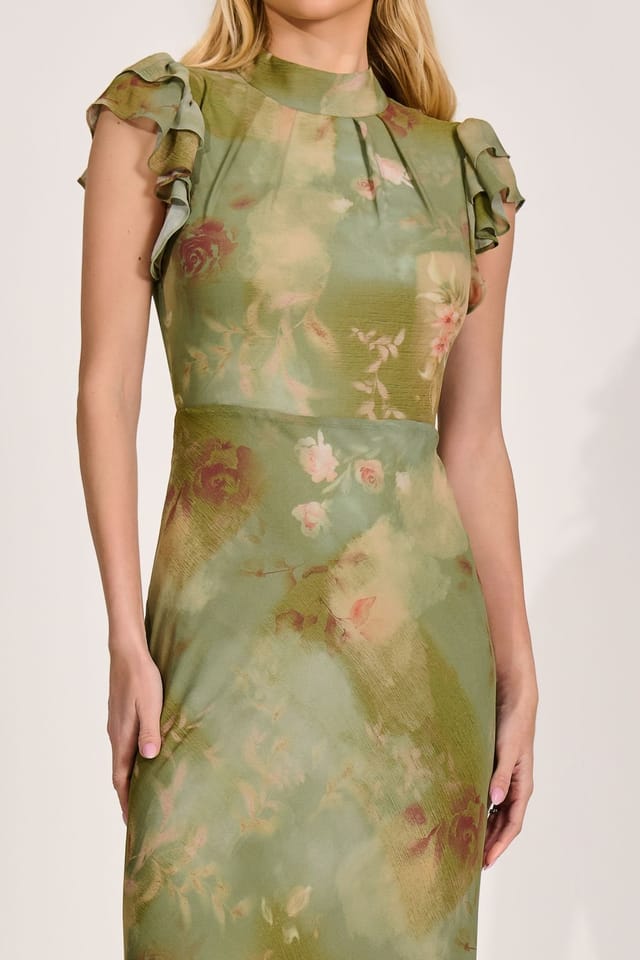 Jolie Moi Jolie Moi Women's High Neck Ruffle Sleeve Chiffon Maxi Dress in Green - 3