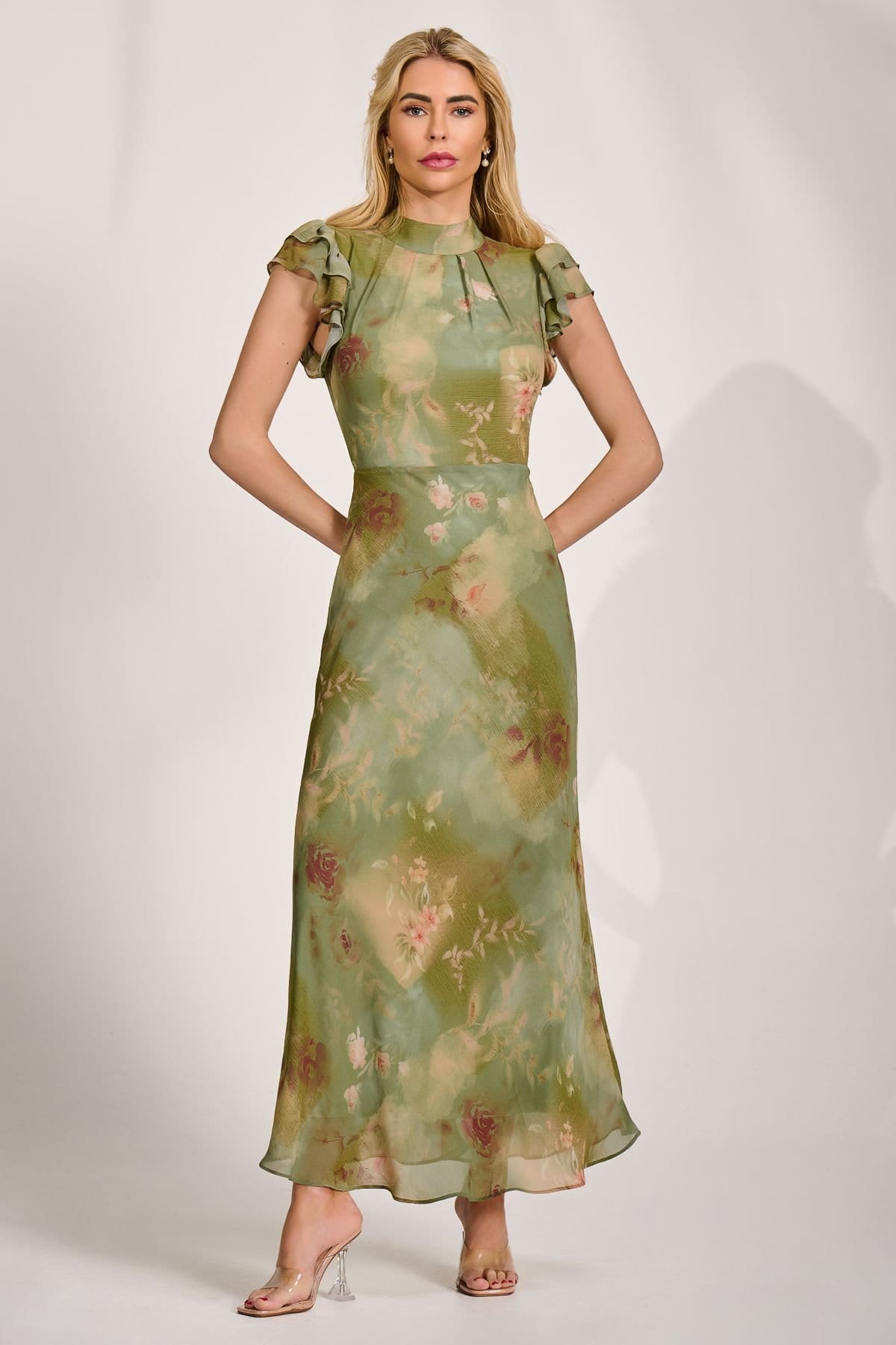 Jolie Moi Jolie Moi Women's High Neck Ruffle Sleeve Chiffon Maxi Dress in Green - 4