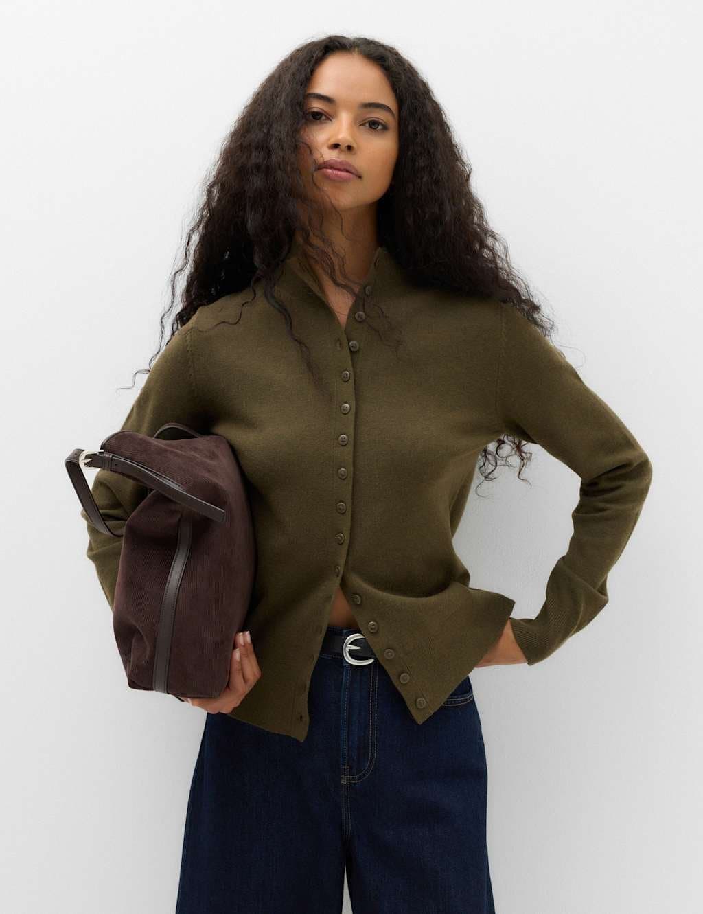 Marks & Spencer M&S Funnel Neck Slim Fit Cardigan with Wool Olive