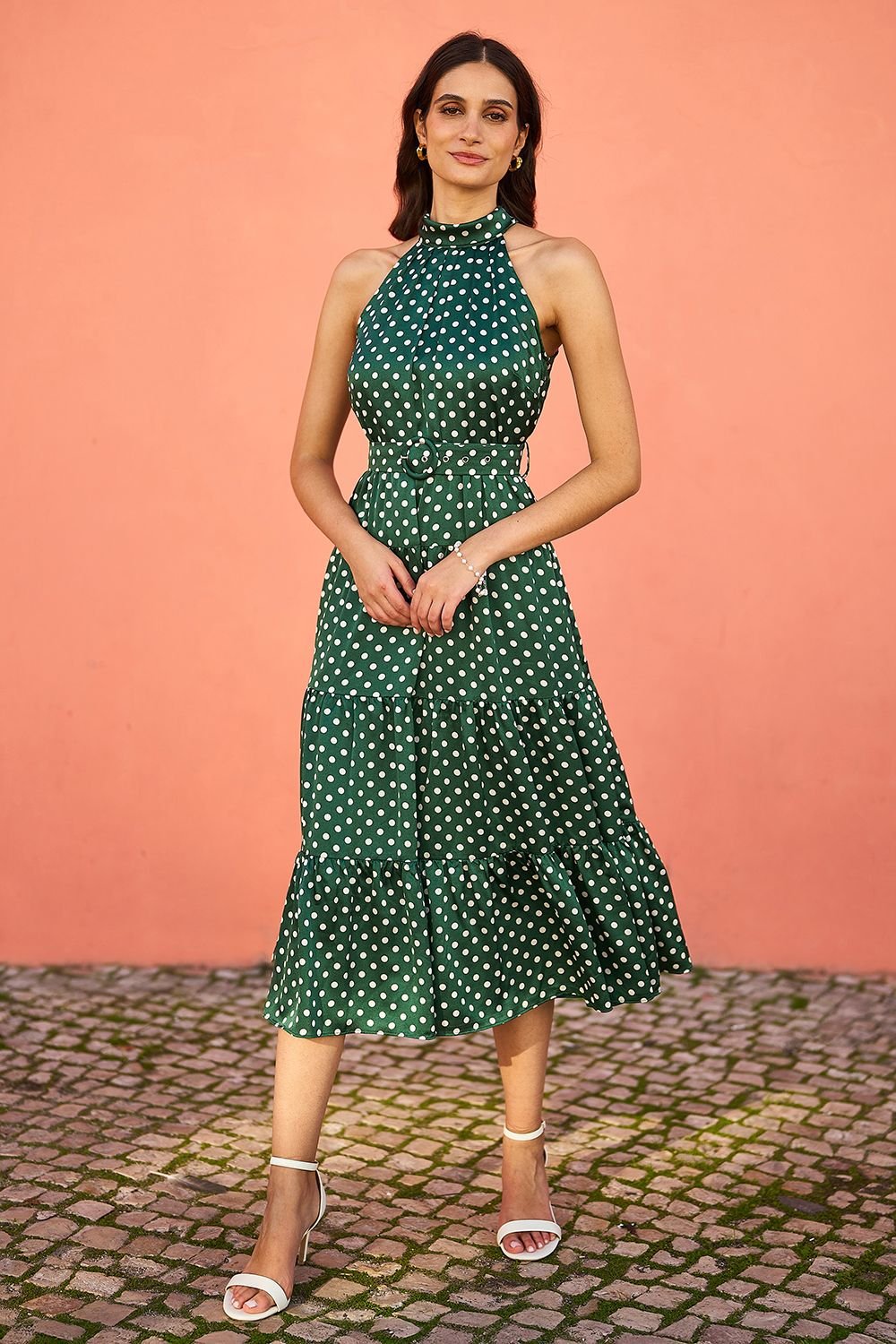 Yumi Yumi Women's Green Spot Print Halter Midi Dress With Matching Belt - 3