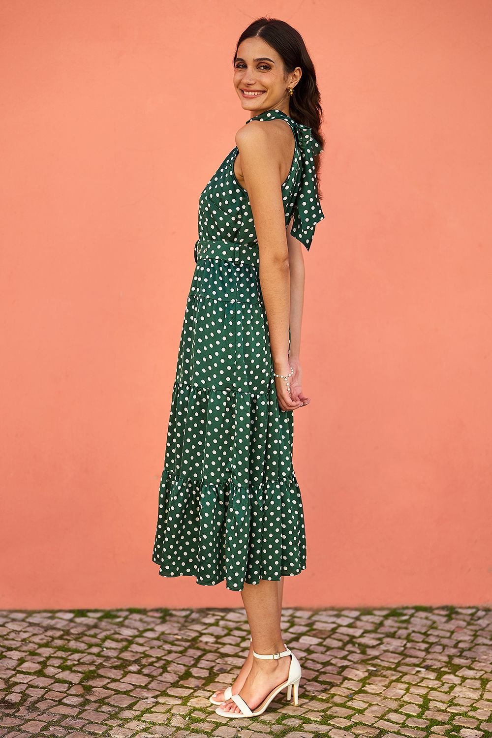 Yumi Yumi Women's Green Spot Print Halter Midi Dress With Matching Belt - 4