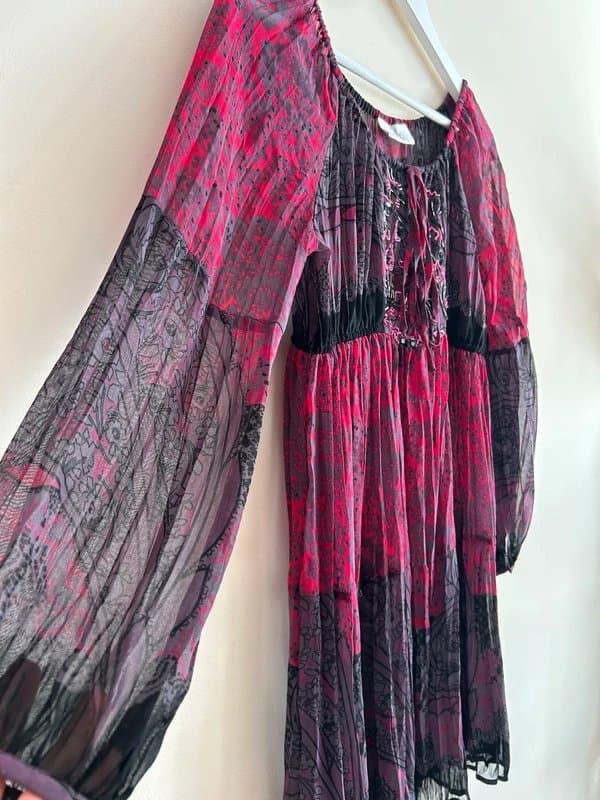 Wallis Petite 🖤💖 Wallis Petite Pink Black Boho Chiffon Tunic Dress Festival Y2K Floaty Beaded UK 8 💖🖤