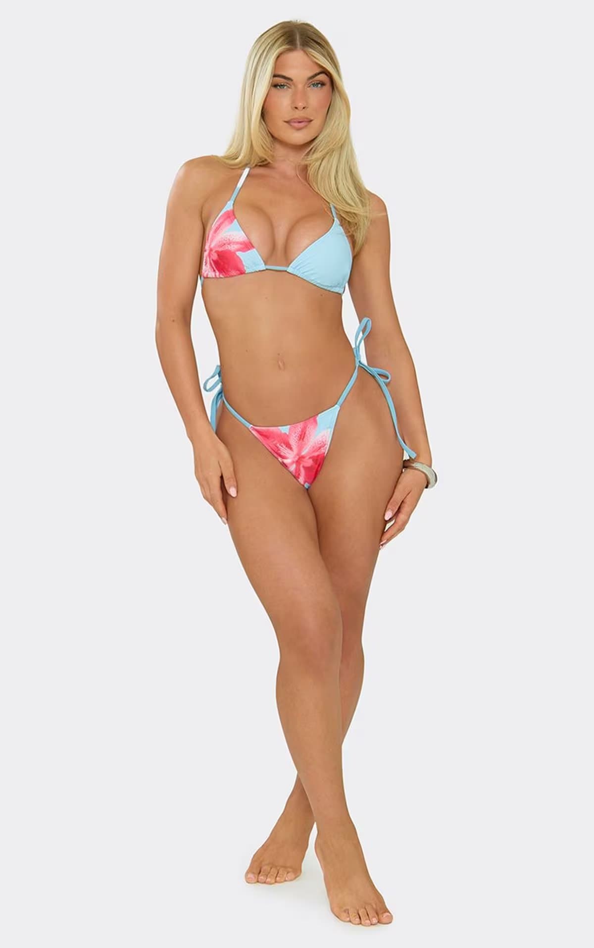 EGO Triangle Tie Side Bikini Set In Blue Floral Print, Women's Size UK 6