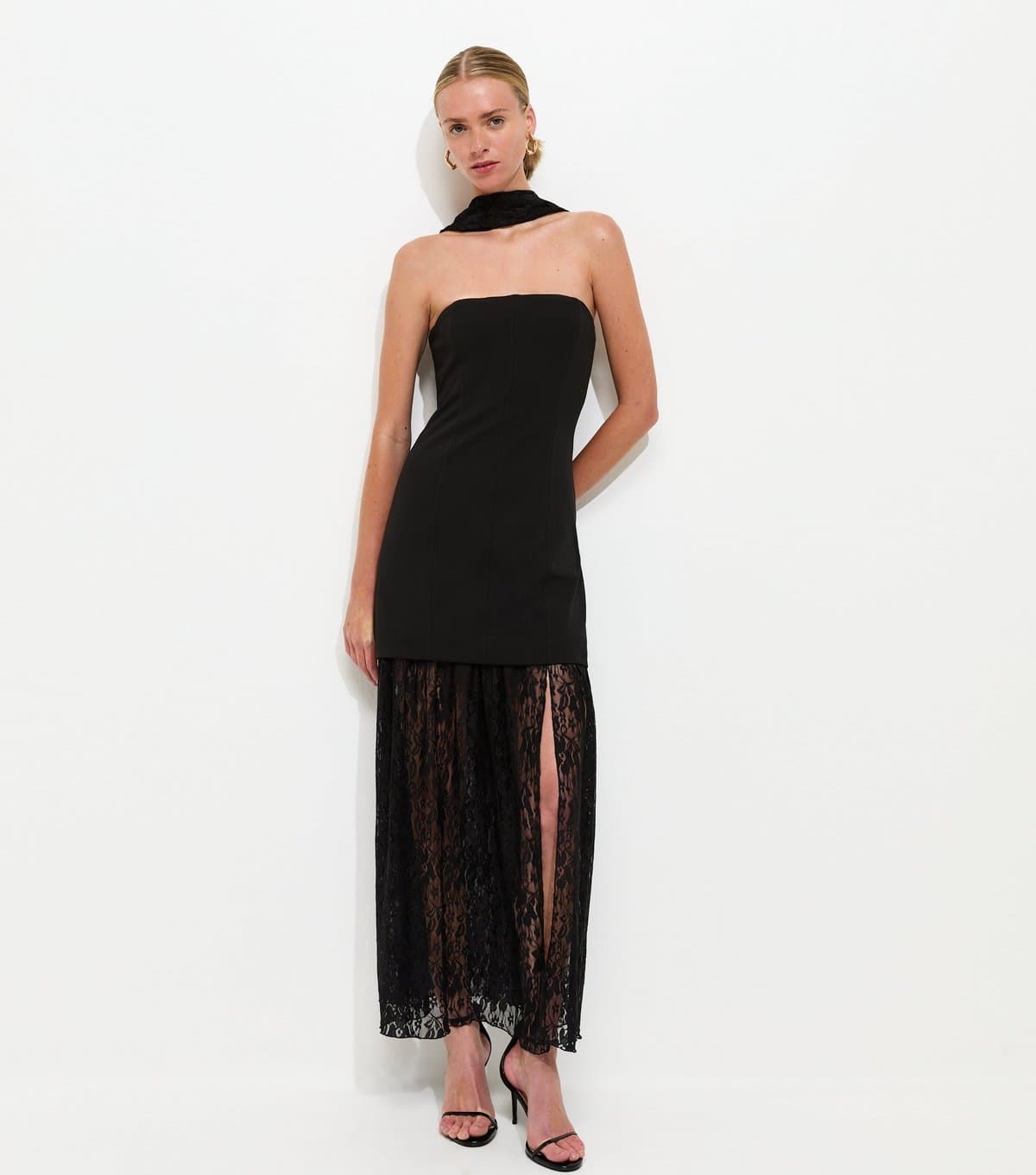 New Look Women's Black Lace Bandeau Midi Dress with Scarf New Look