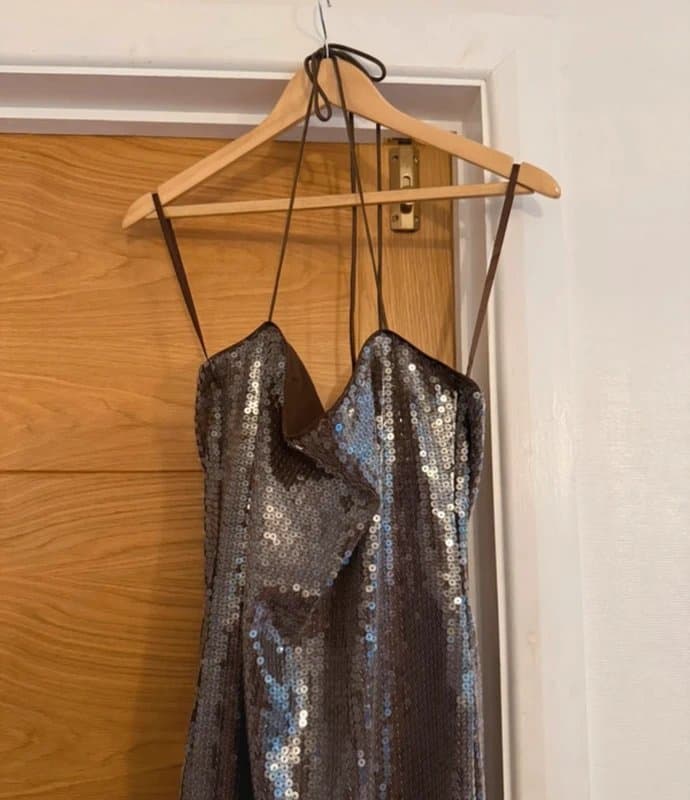ASOS ASOS Design Chocolate Brown Sequin Embellished Square Neck Crossover Strap Slip Midaxi Dress