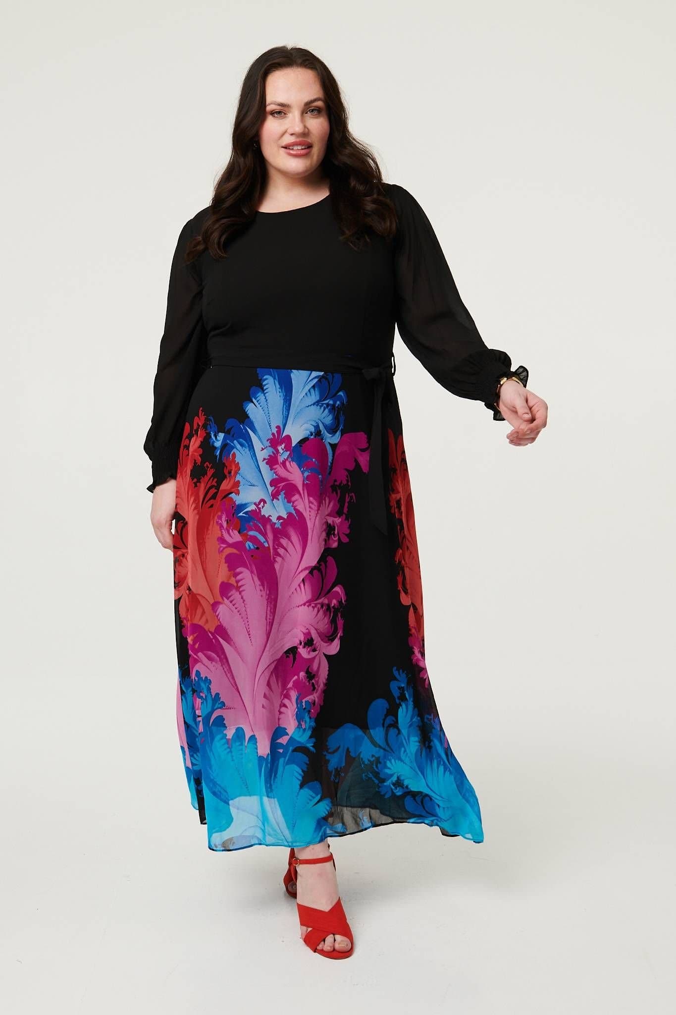Izabel Curve Izabel Curve Women's Curve Floral Tie Waist Knit Midi Dress in Black