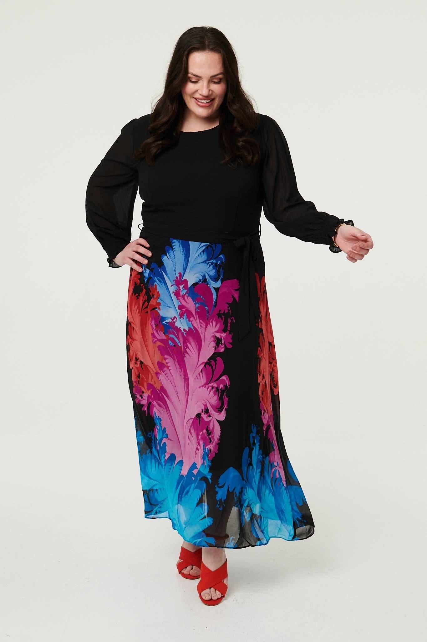 Izabel Curve Izabel Curve Women's Curve Floral Tie Waist Knit Midi Dress in Black - 4