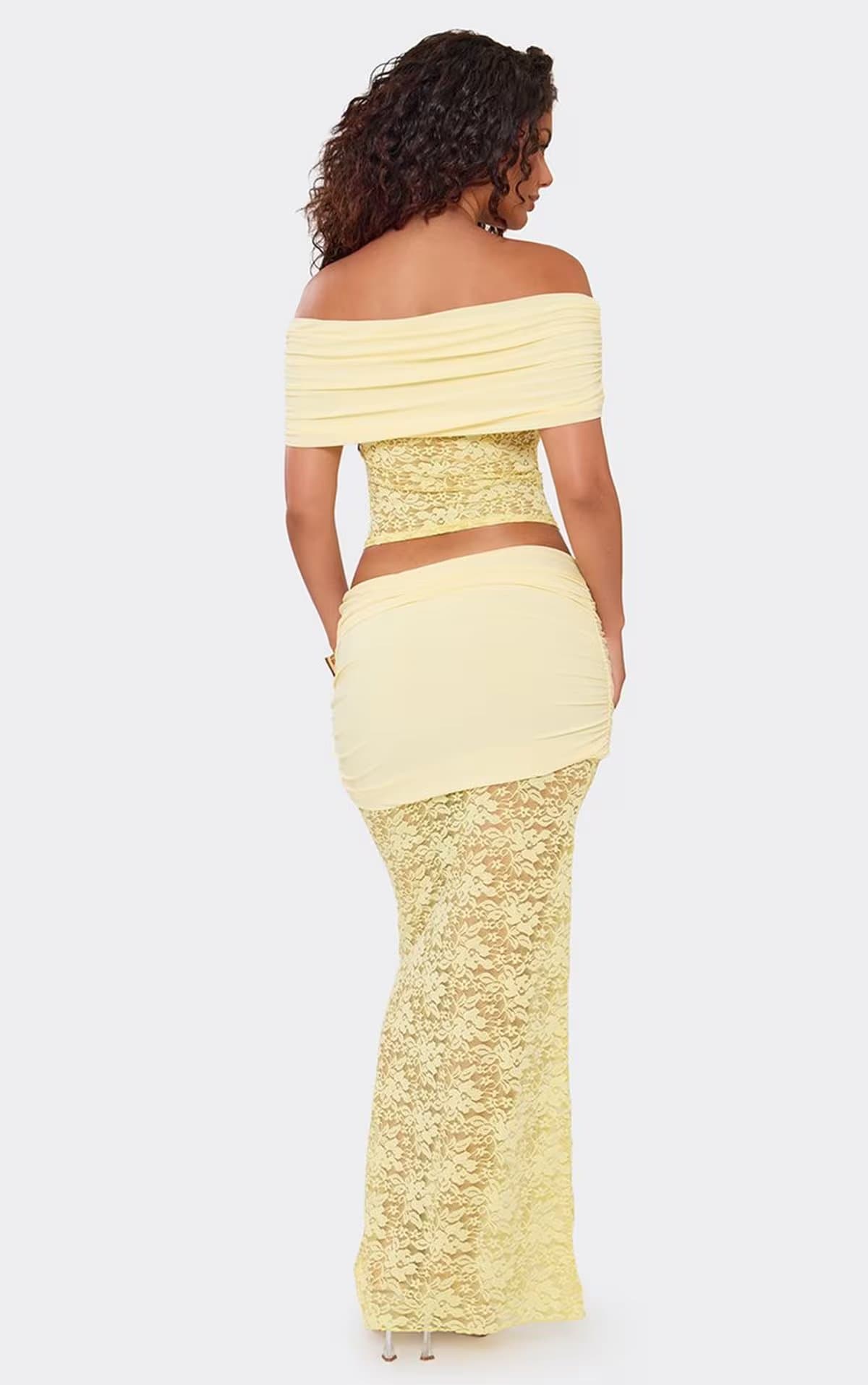 EGO Low Waist Ruched Panel Maxi Skirt In Lemon Lace, Women's Size UK 6