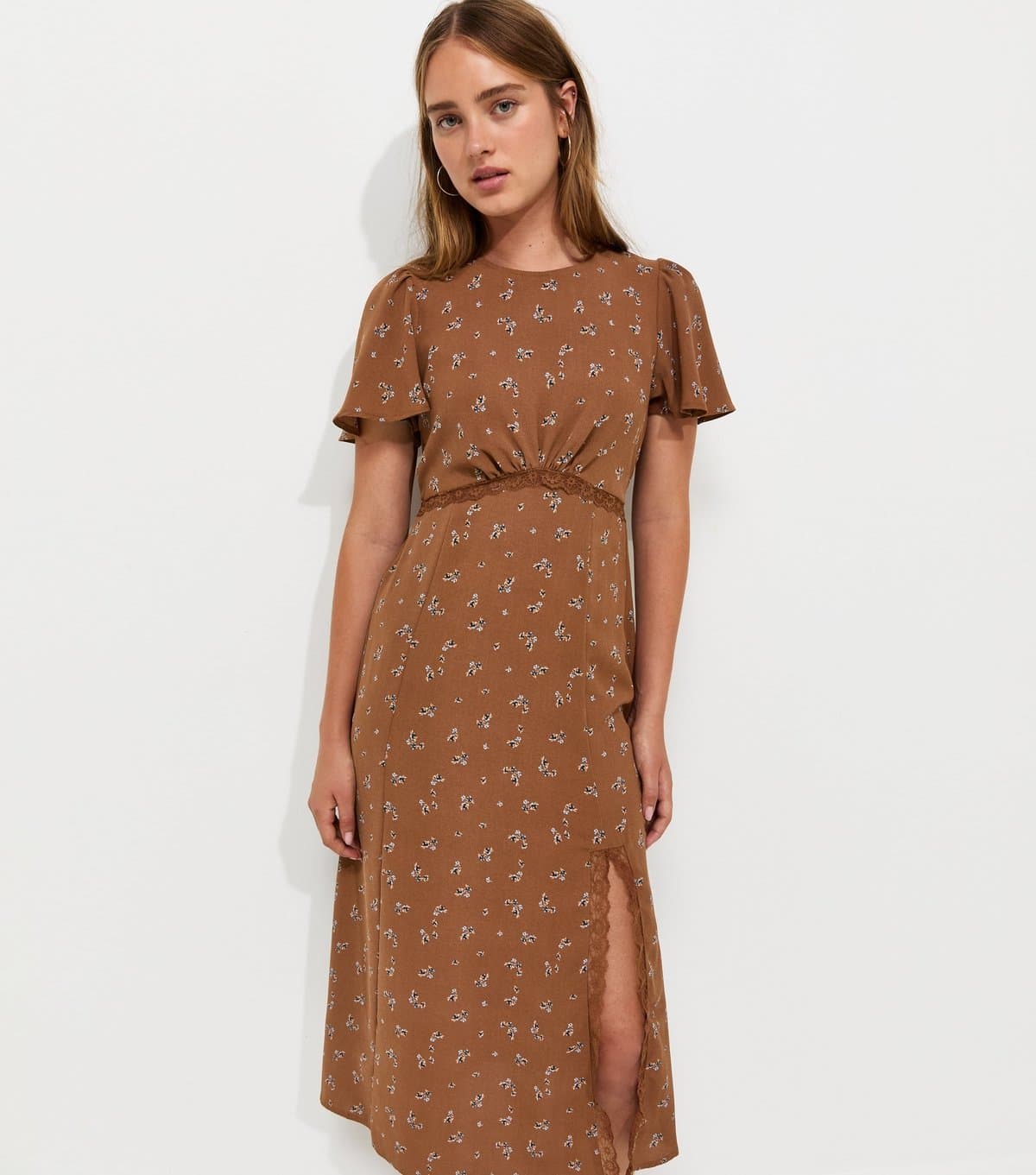 New Look Women's Brown Floral Print Lace Trim Flared Sleeve Midi Dress New Look