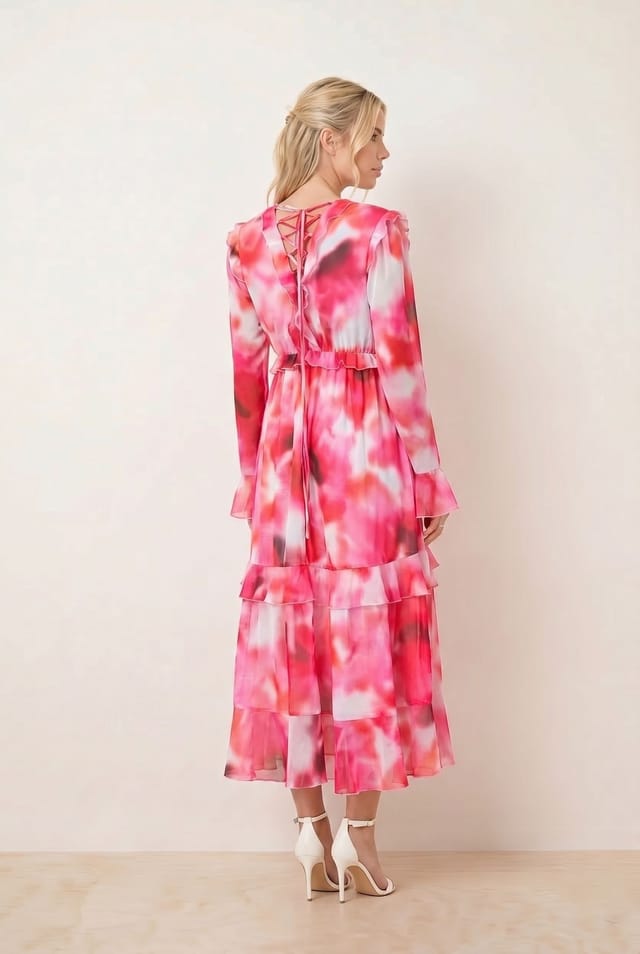 Style Cheat Style Cheat Women's Birdie Frill Tie-Back Midi Pink Abstract Dress - 2