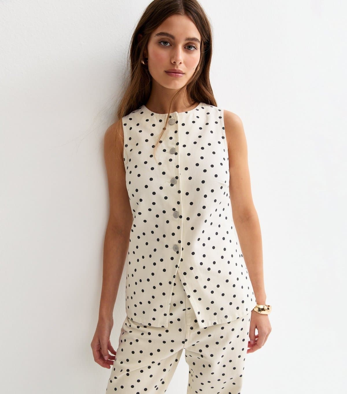New Look Women's White Denim Polka Dot Longline Waistcoat New Look