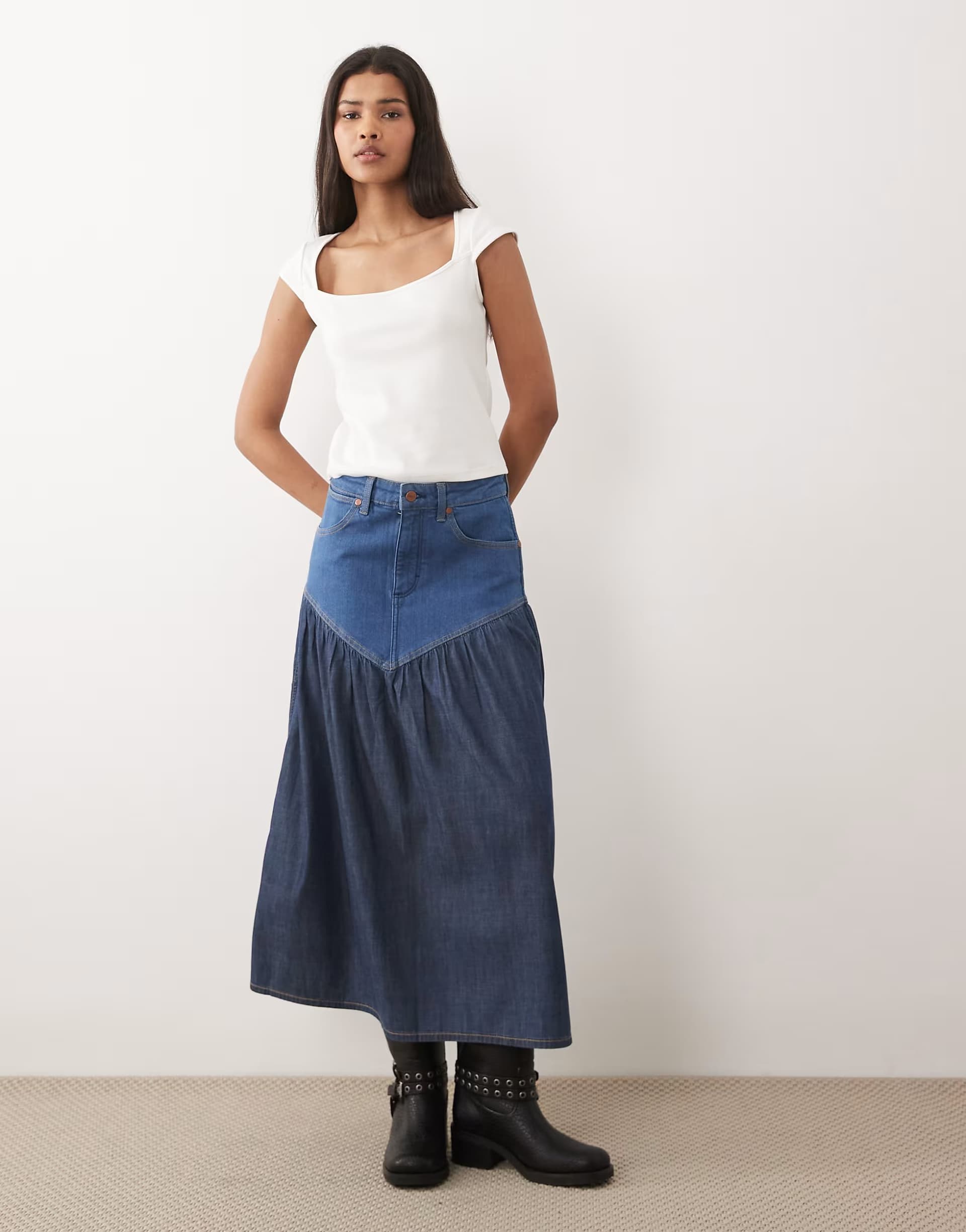 ASOS Wrangler basque waist maxi denim skirt in medium blue wash