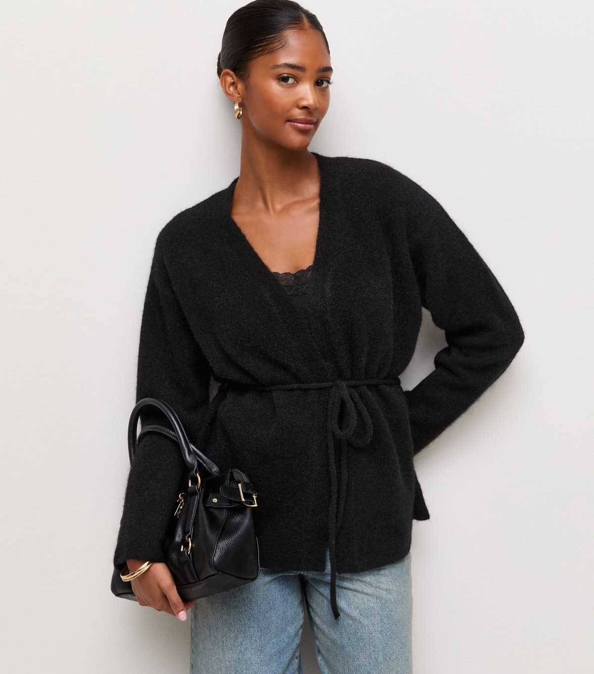 New Look Women's Black Knit Wrap Belt Cardigan New Look