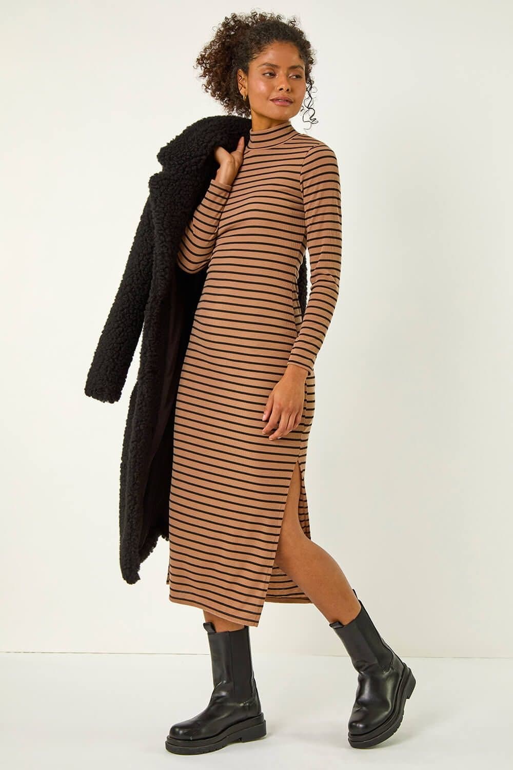 Dusk Dusk Women's High Neck Stripe Stretch Midi Dress in Dark Brown
