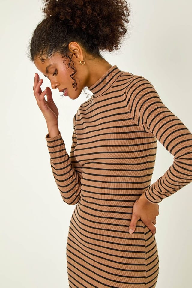 Dusk Dusk Women's High Neck Stripe Stretch Midi Dress in Dark Brown - 2