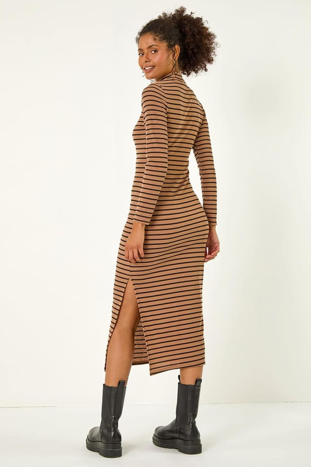 Dusk Dusk Women's High Neck Stripe Stretch Midi Dress in Dark Brown - 3