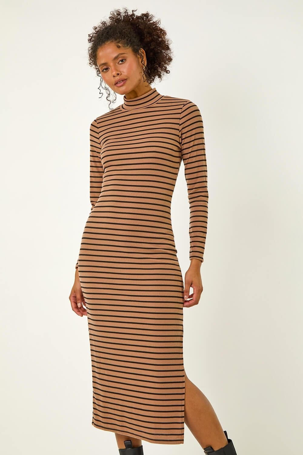Dusk Dusk Women's High Neck Stripe Stretch Midi Dress in Dark Brown - 4