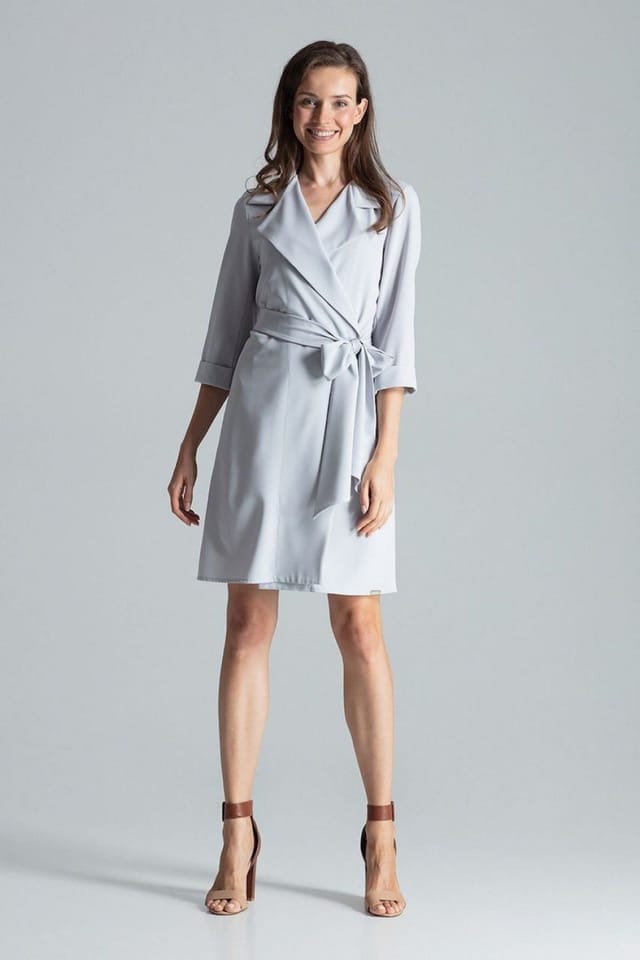 Love Lace Love Lace Women's Loose Shirt Dress With Tie Waist Collar in Grey - 2