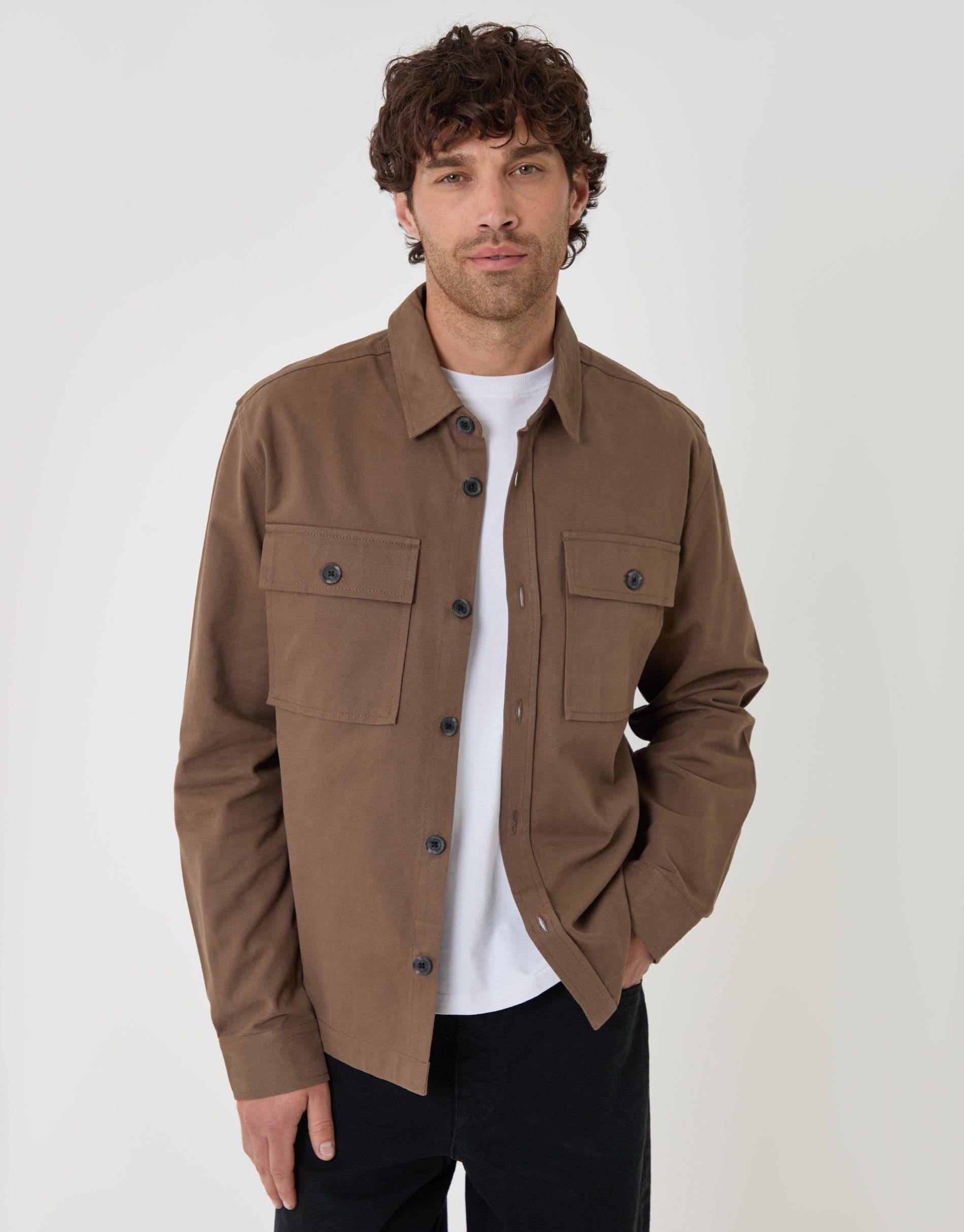 Threadbare threadbare Men's Curved Hem Cotton Shacket in Brown