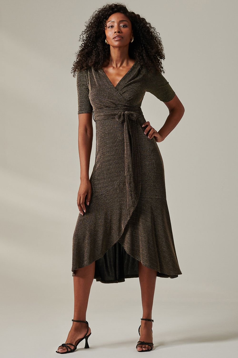 Jolie Moi Jolie Moi Women's Metallic Tie Waist Wrapped Maxi Dress in Metallic Gold - 3