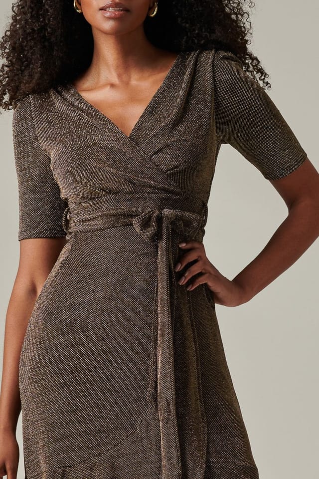 Jolie Moi Jolie Moi Women's Metallic Tie Waist Wrapped Maxi Dress in Metallic Gold - 3