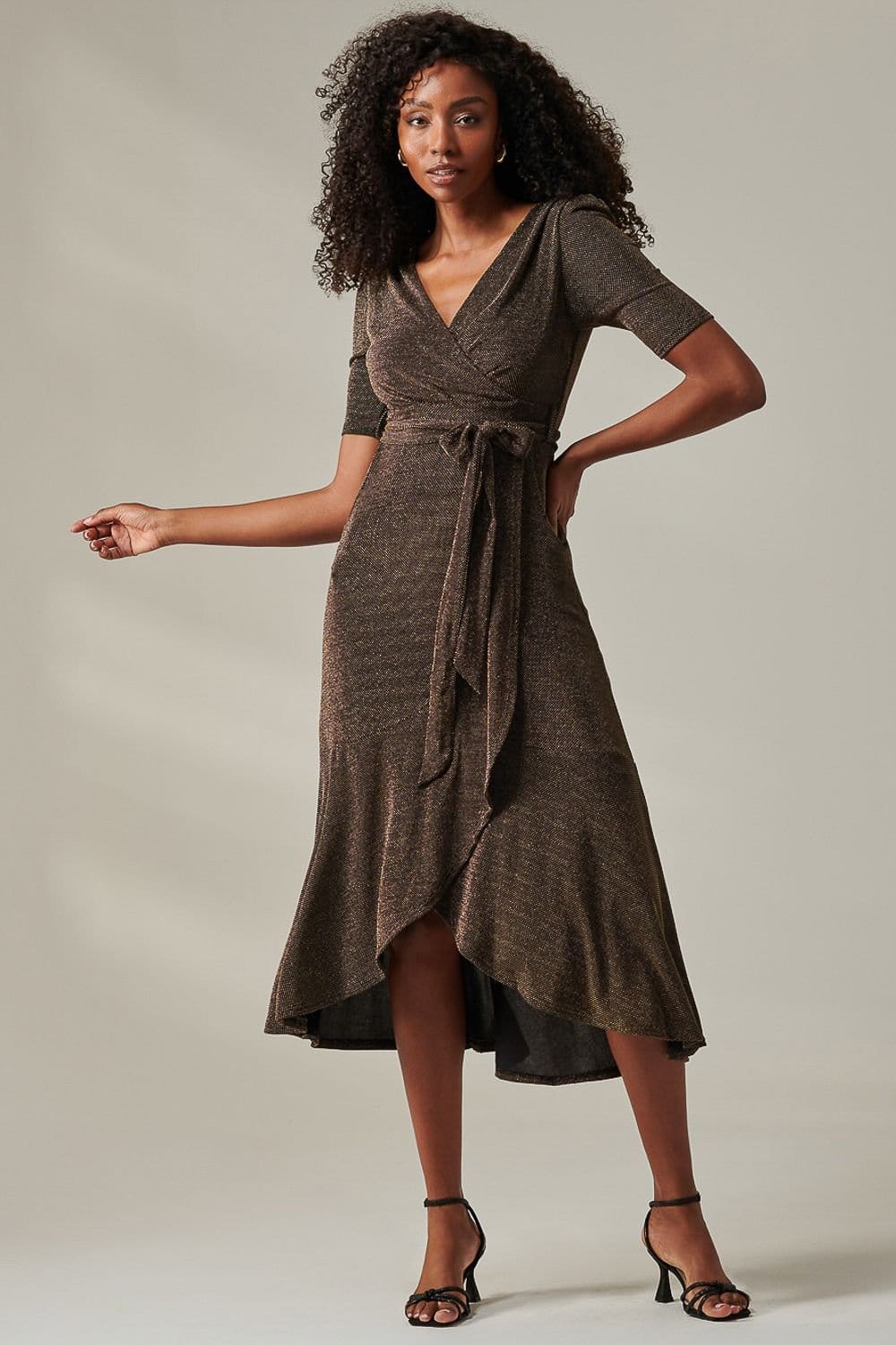Jolie Moi Jolie Moi Women's Metallic Tie Waist Wrapped Maxi Dress in Metallic Gold - 4
