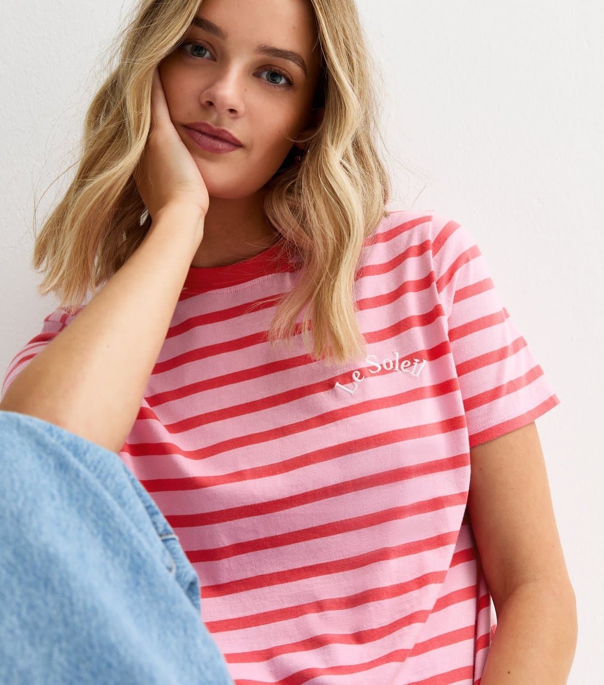 New Look Women's Pink Striped Le Soleil Embroidered T-Shirt New Look