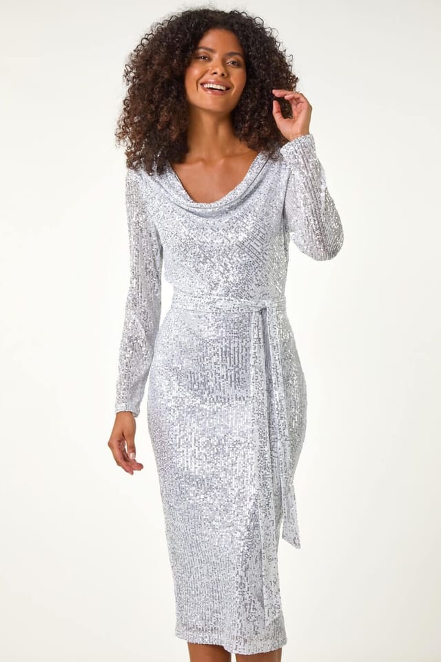 Dusk Dusk Women's Sequin Cowl Neck Pencil Stretch Dress in Silver - 3