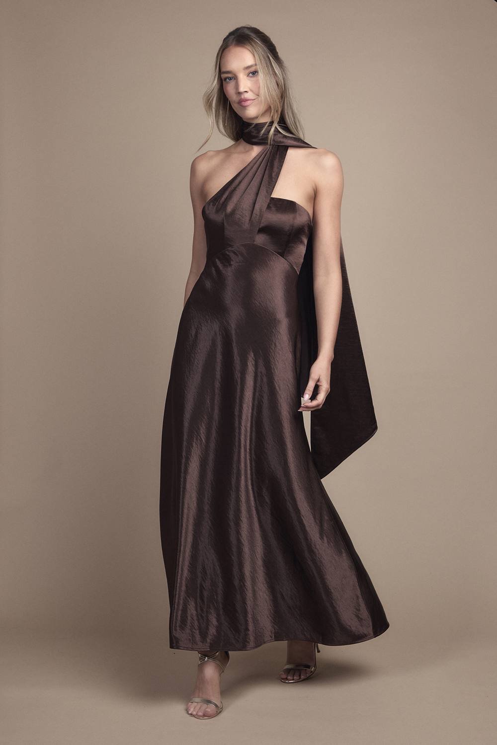 Coast Coast Women's Satin Scarf Detail Maxi Bridesmaid Dress in Chocolate - 2