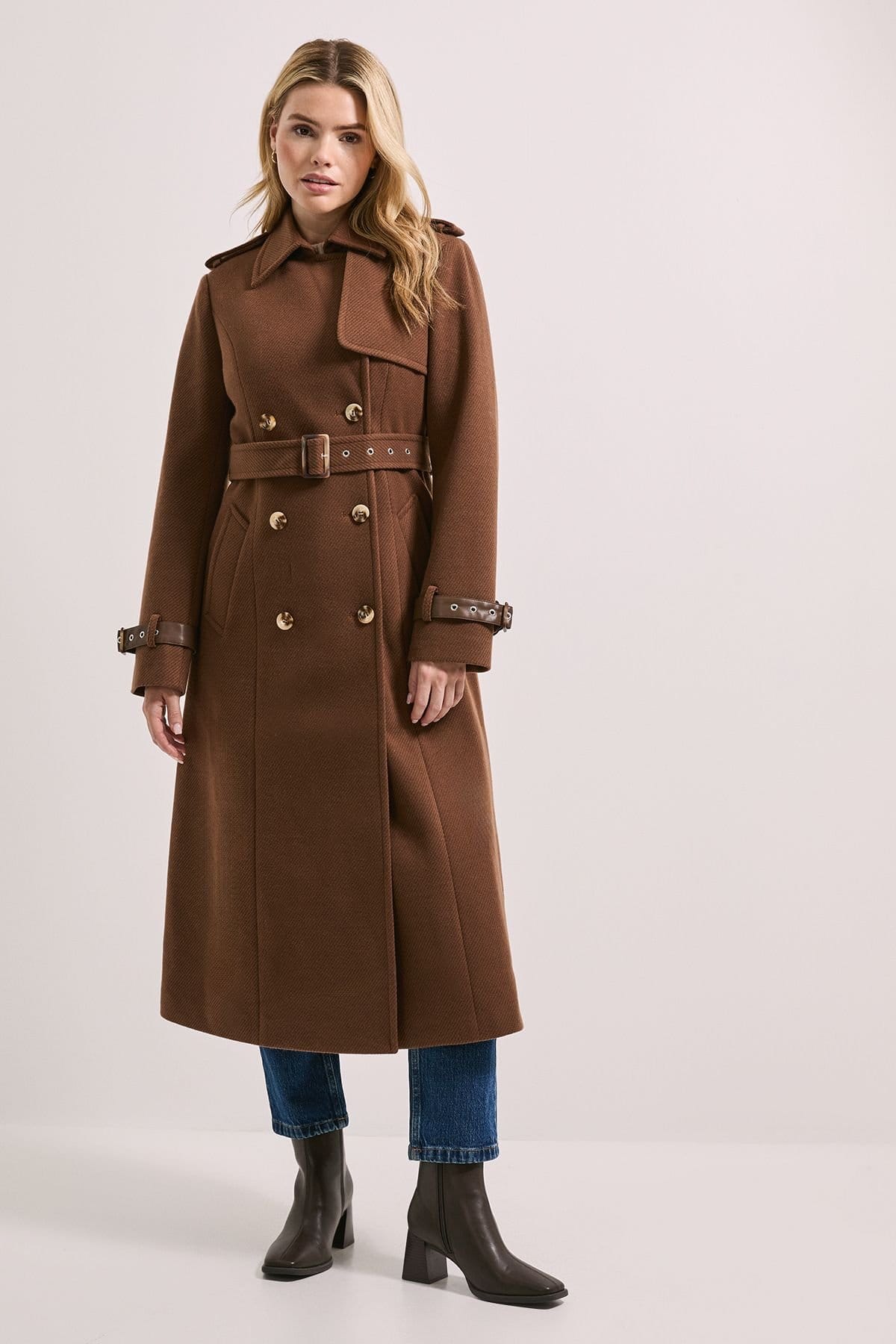 Dorothy Perkins Chocolate Wool Trench Coat With Cuff Detail