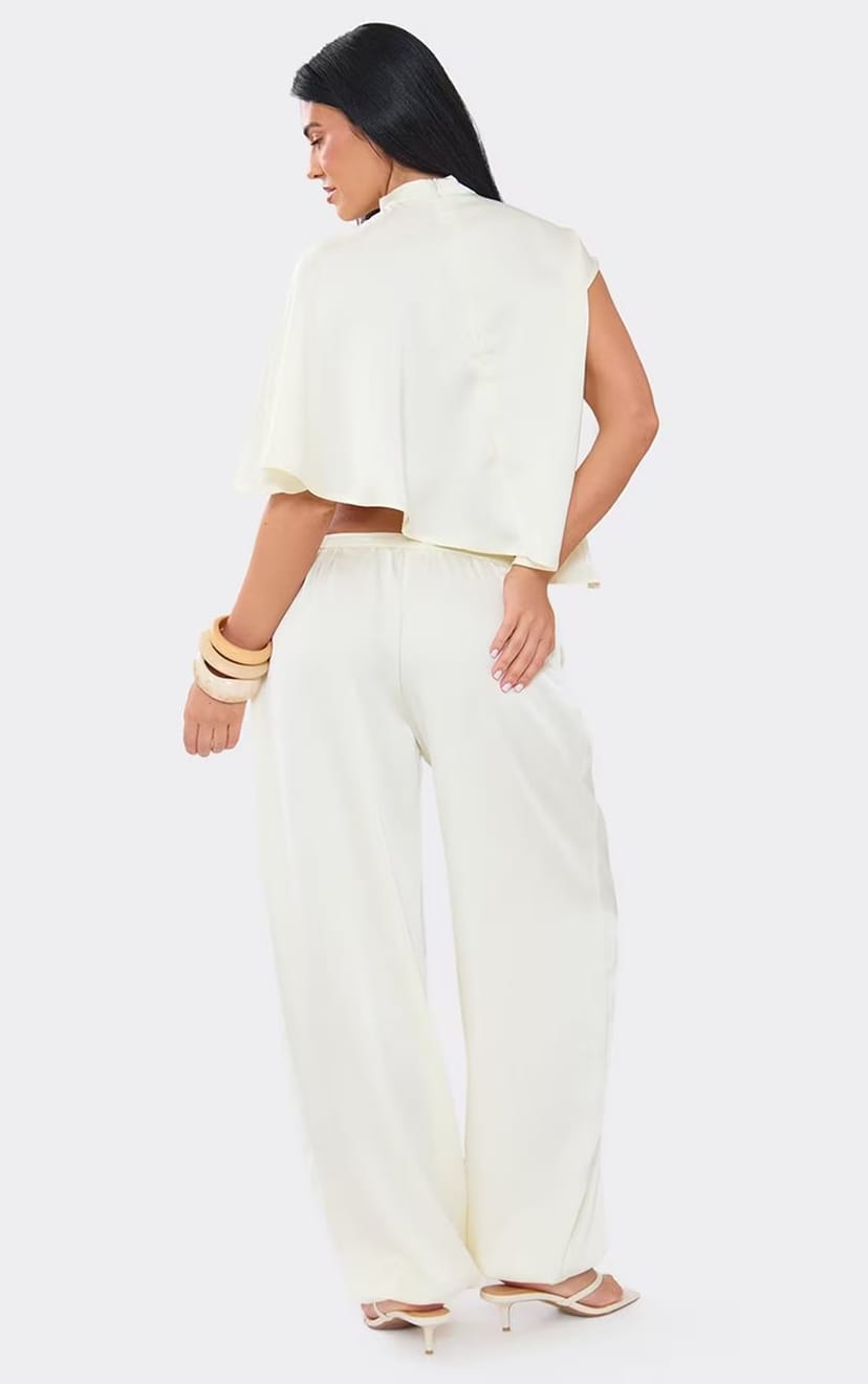 EGO Mid Rise Cuffed Trousers In Cream Satin, Women's Size UK 6 - 1