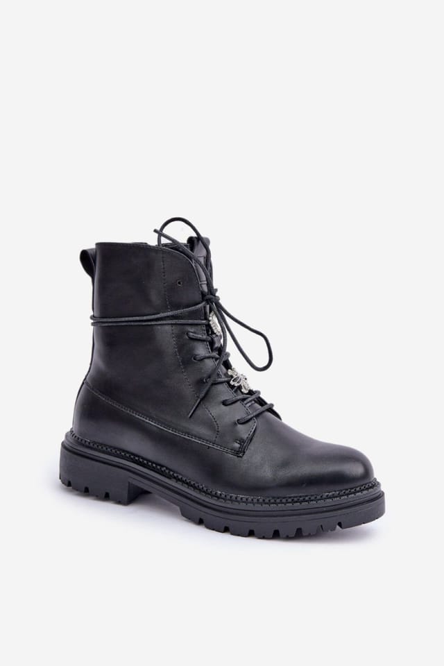 Love Lace Love Lace Women's Faux Lace Up Flat Heel Boots With Decorative Pins in Black - 2