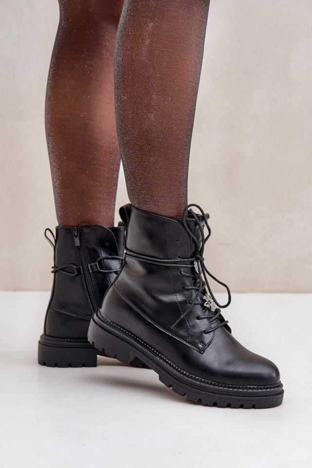 Love Lace Love Lace Women's Faux Lace Up Flat Heel Boots With Decorative Pins in Black - 3