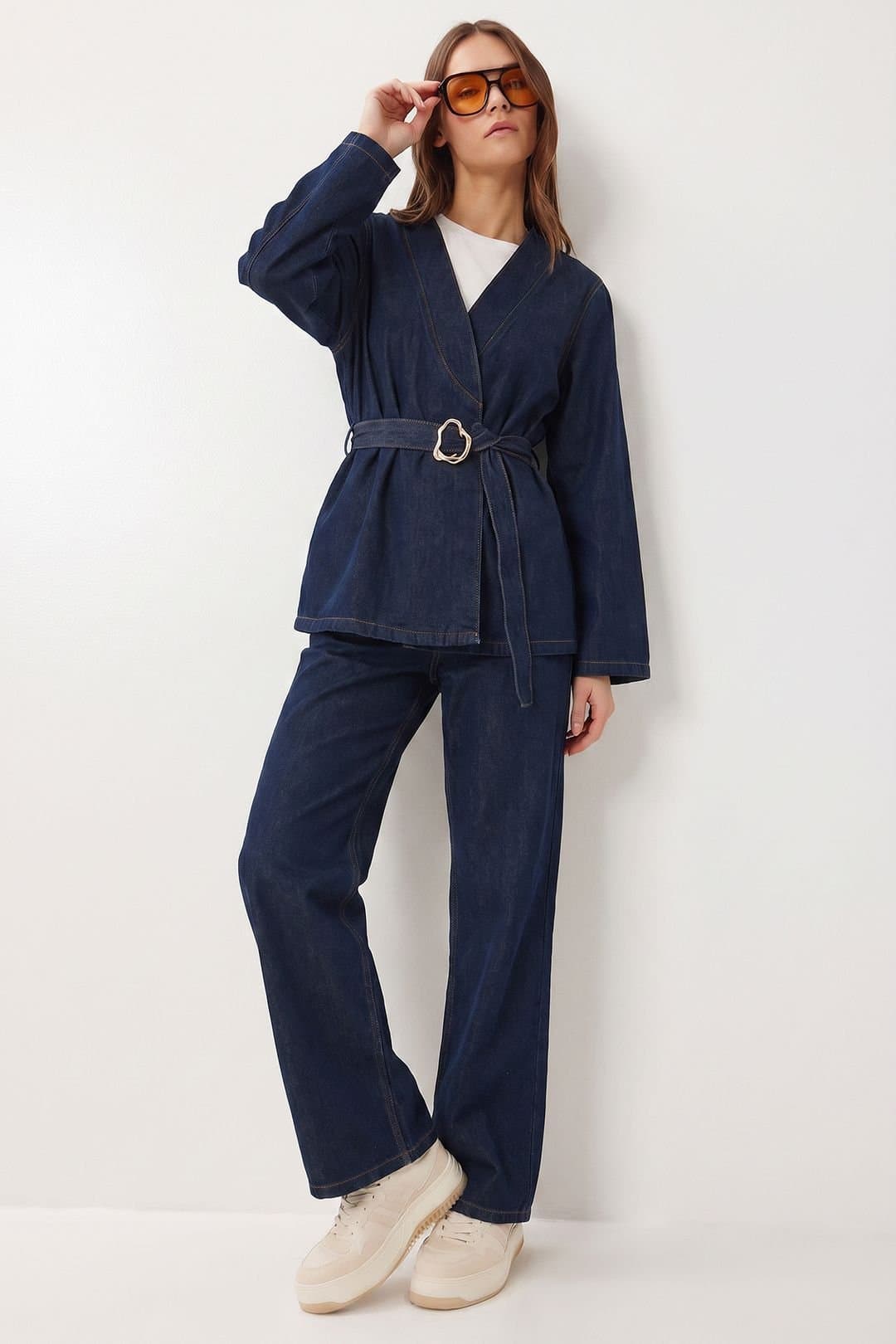 Happiness Istanbul Happiness Istanbul Women's Cotton Gabardine Jacket & Wide-leg Trousers Set in Navy