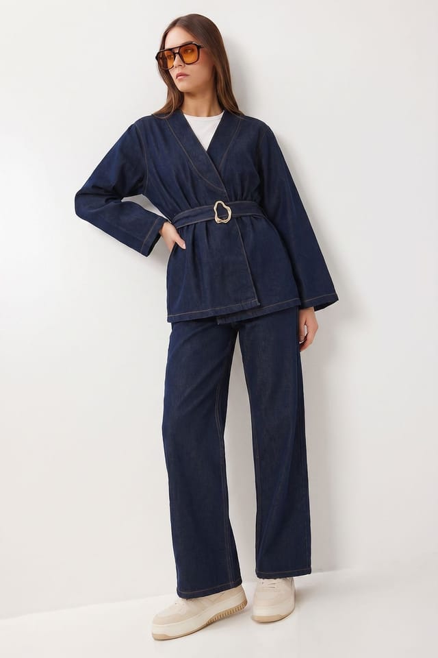 Happiness Istanbul Happiness Istanbul Women's Cotton Gabardine Jacket & Wide-leg Trousers Set in Navy - 2