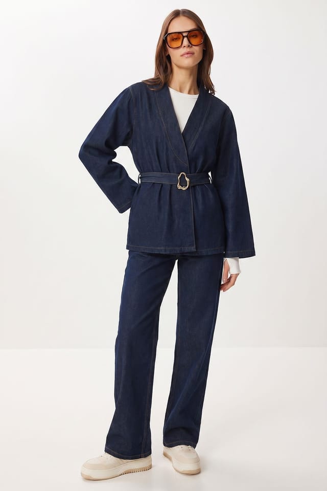 Happiness Istanbul Happiness Istanbul Women's Cotton Gabardine Jacket & Wide-leg Trousers Set in Navy - 3