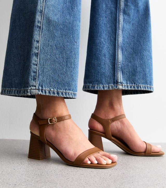 New Look Women's Tan Brown Faux Leather Block Heel Sandals Vegan New Look - 2