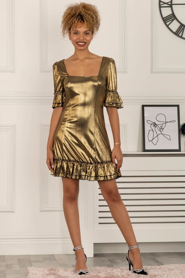 Jolie Moi Jolie Moi Women's Gerika Square Neck Tunic Dress in Gold - 3