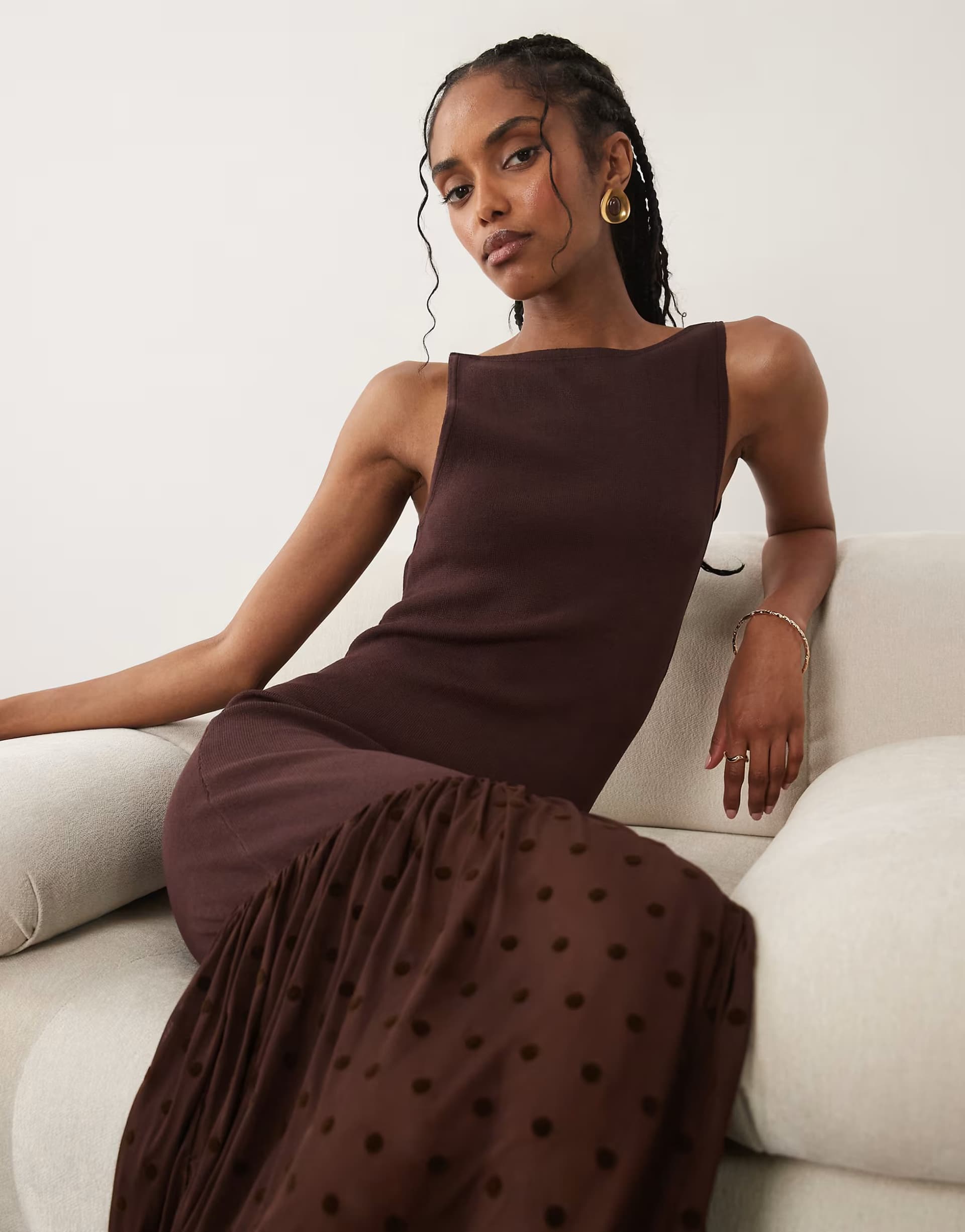 ASOS Pretty Lavish Rebecca knitted slash neck sheer drop hem maxi dress in chocolate polka dot